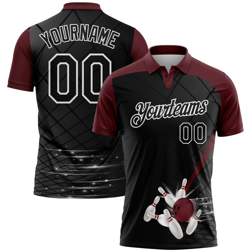 Custom Black Maroon-White Bowling Geometric Grid Performance Polo Shirt