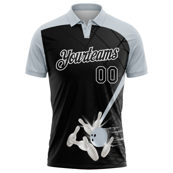Custom Black Silver-White Bowling Geometric Grid Performance Polo Shirt