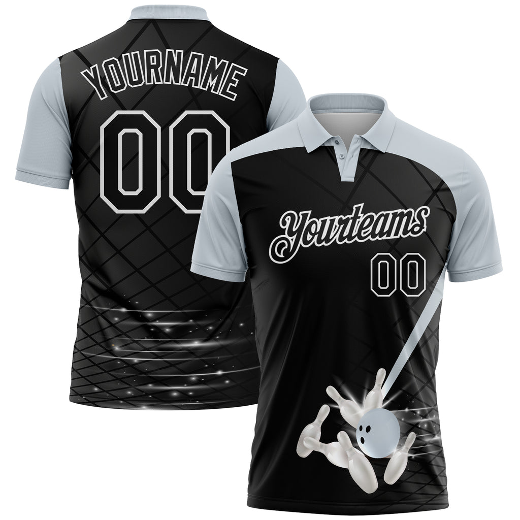 Custom Black Silver-White Bowling Geometric Grid Performance Polo Shirt