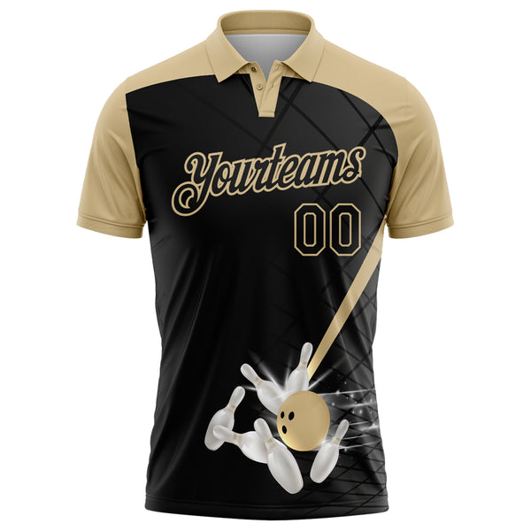 Custom Black-Vegas Gold Bowling Geometric Grid Performance Polo Shirt