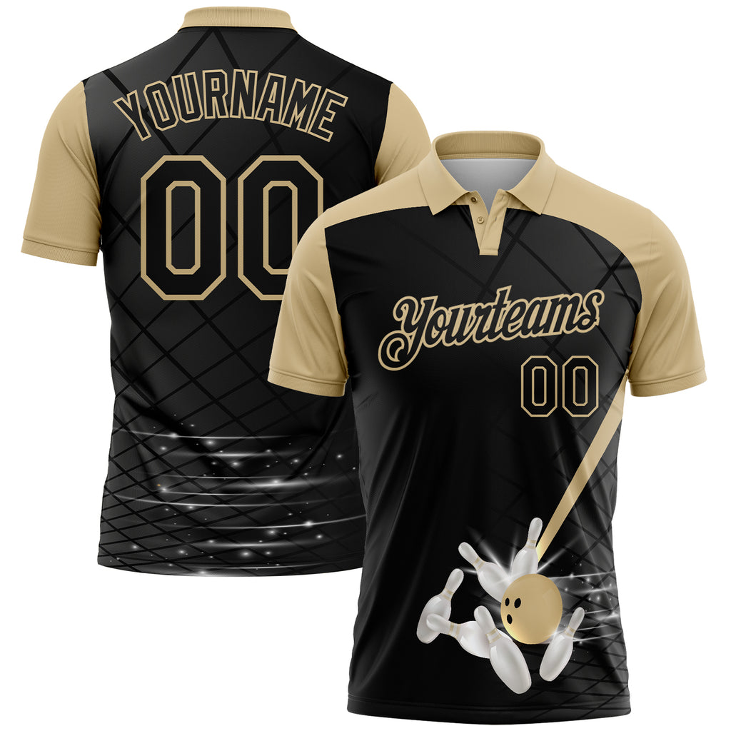Custom Black-Vegas Gold Bowling Geometric Grid Performance Polo Shirt