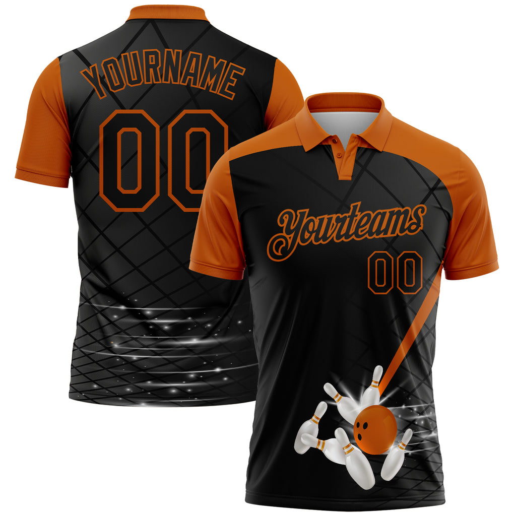 Custom Black-Texas Orange Bowling Geometric Grid Performance Polo Shirt