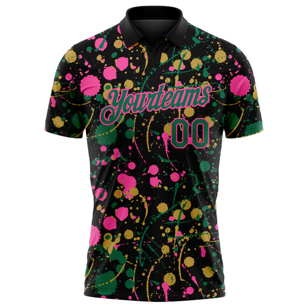 Custom Graffiti Pattern Kelly Green Black Pink-Old Gold Vibrant Multi-Color Abstract Splatter Performance Polo Shirt