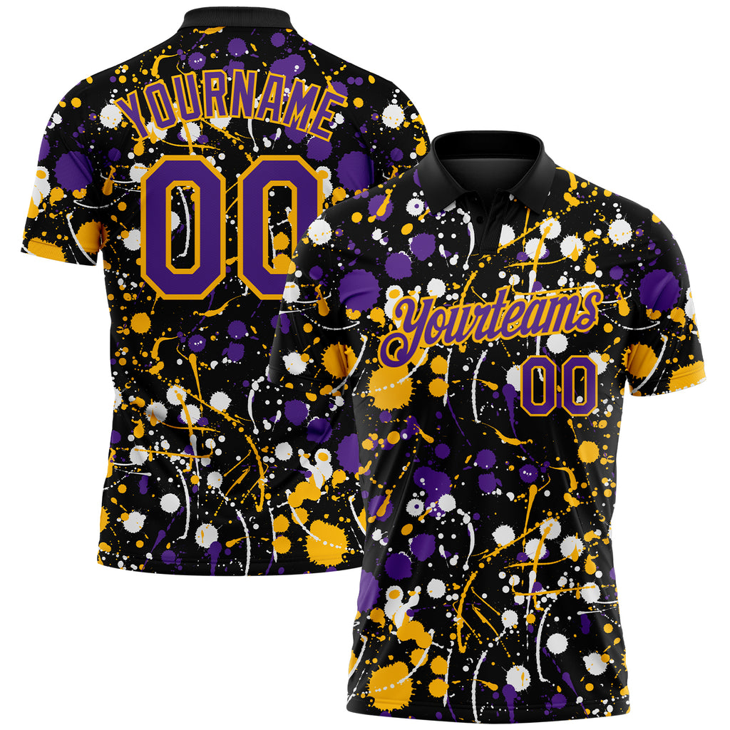 Custom Graffiti Pattern Purple Black Gold-White Vibrant Multi-Color Abstract Splatter Performance Polo Shirt