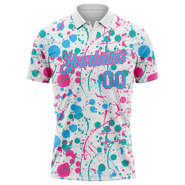 Custom Graffiti Pattern Sky Blue White Pink-Aqua Vibrant Multi-Color Abstract Splatter Performance Polo Shirt