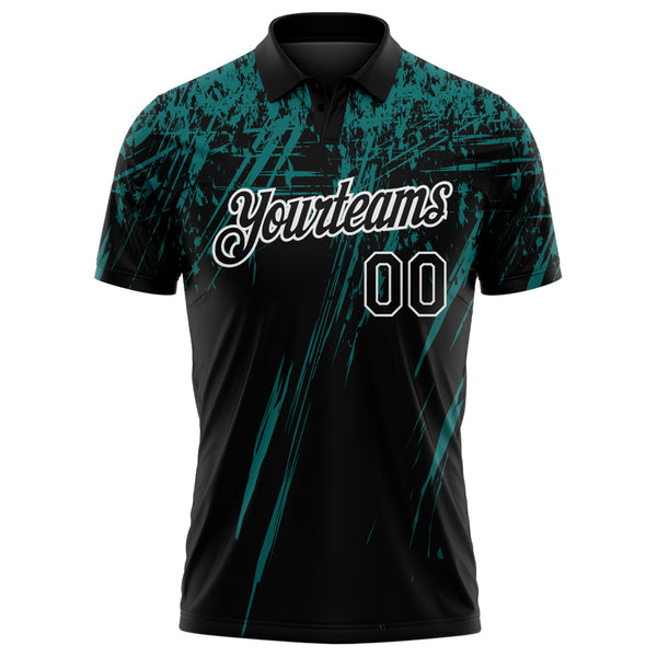 Custom Black Teal-White Distressed Scratch Brush Stroke Performance Polo Shirt