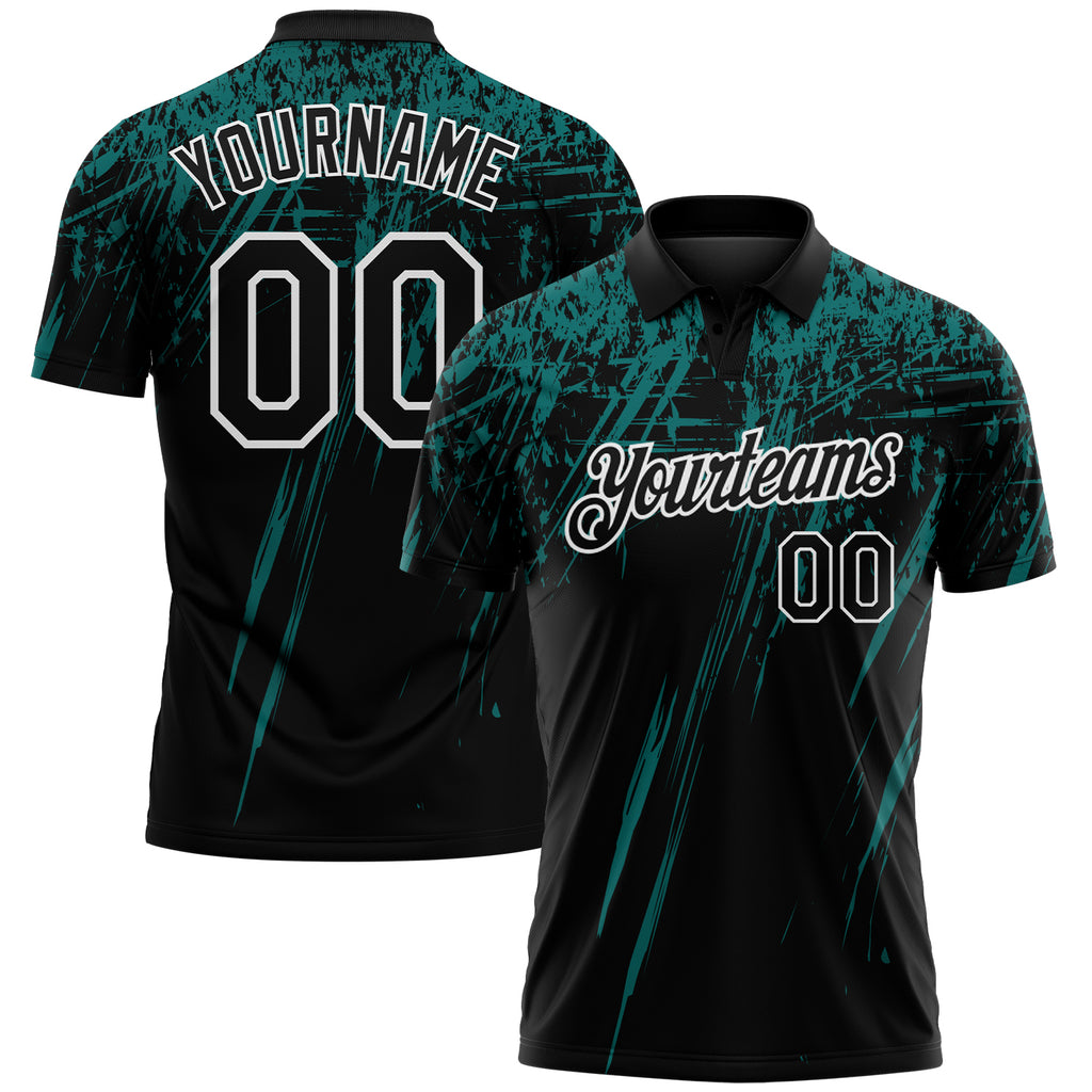 Custom Black Teal-White Distressed Scratch Brush Stroke Performance Polo Shirt
