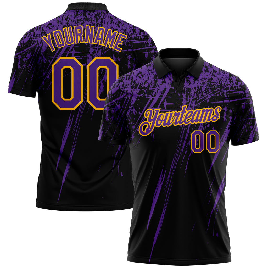 Custom Black Purple-Gold Distressed Scratch Brush Stroke Performance Polo Shirt