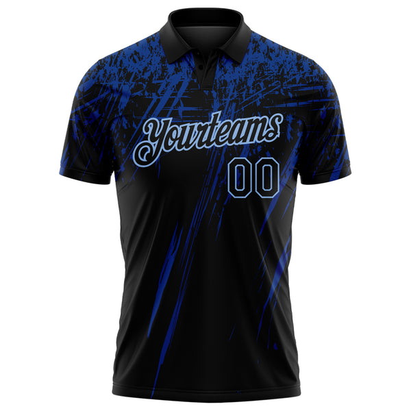 Custom Black Royal-Light Blue Distressed Scratch Brush Stroke Performance Polo Shirt