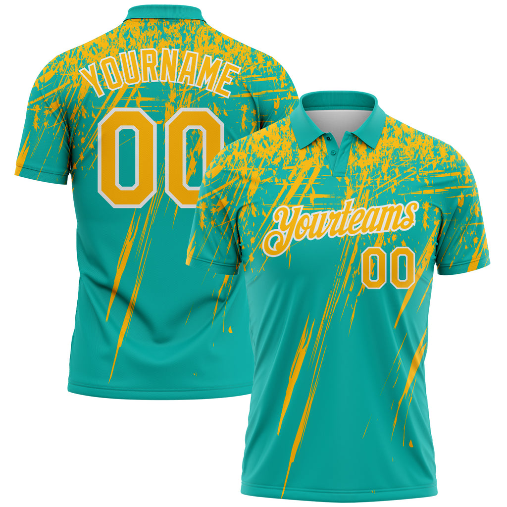 Custom Aqua Gold-White Distressed Scratch Brush Stroke Performance Polo Shirt