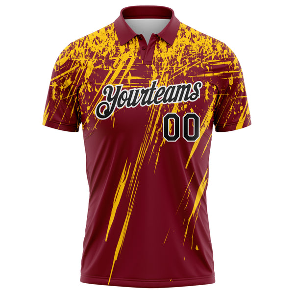 Custom Crimson Black Yellow-White Distressed Scratch Brush Stroke Performance Polo Shirt