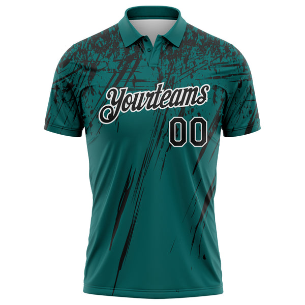 Custom Teal Black-White Distressed Scratch Brush Stroke Performance Polo Shirt