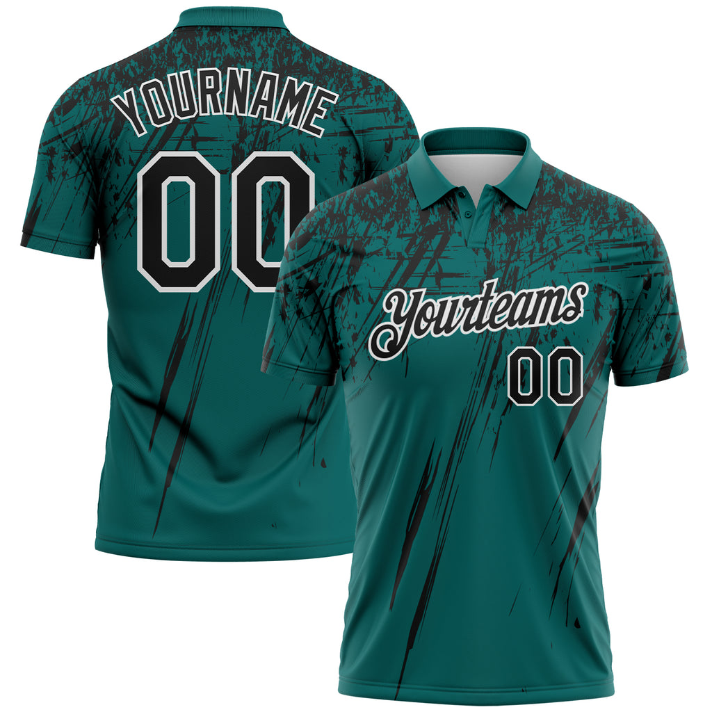 Custom Teal Black-White Distressed Scratch Brush Stroke Performance Polo Shirt