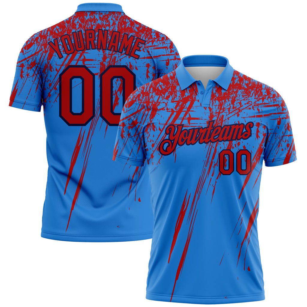 Custom Powder Blue Red-Navy Distressed Scratch Brush Stroke Performance Polo Shirt