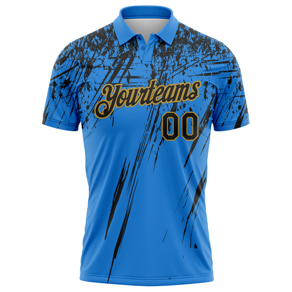 Custom Powder Blue Black-Old Gold Distressed Scratch Brush Stroke Performance Polo Shirt