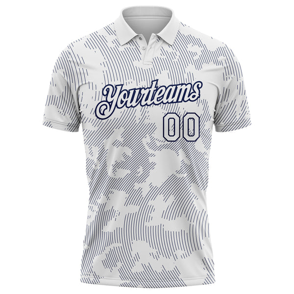 Custom White-Navy 3D Pattern Abstract Fluid Line Performance Polo Shirt