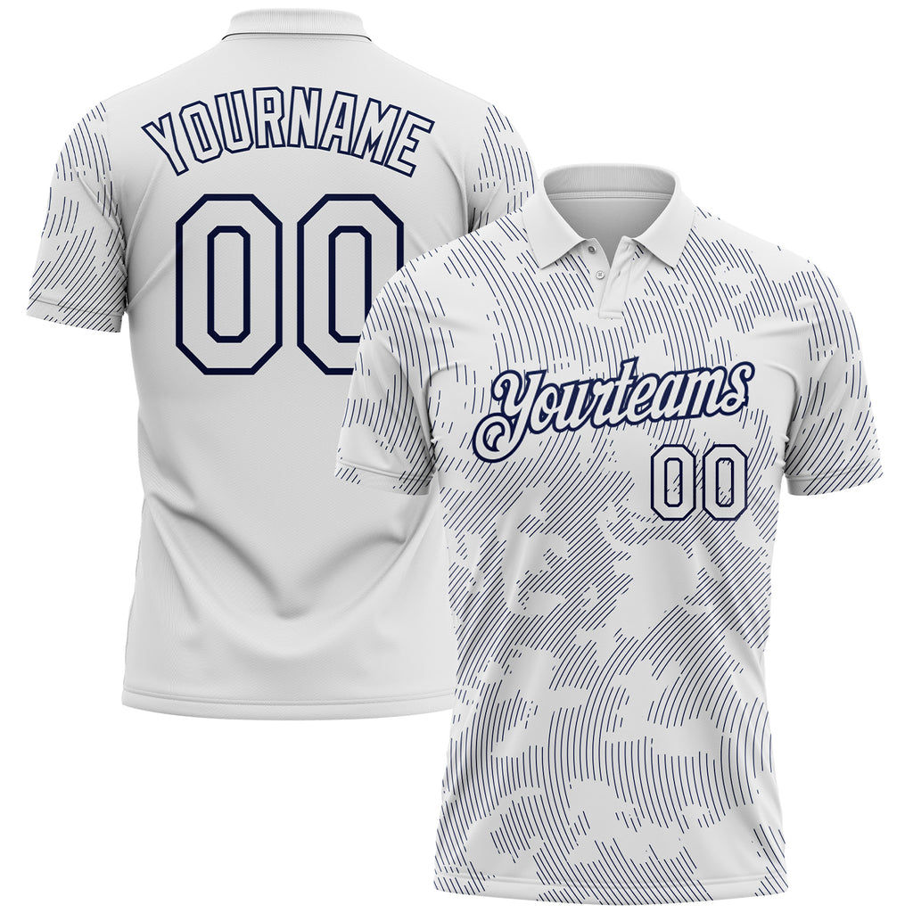 Custom White-Navy 3D Pattern Abstract Fluid Line Performance Polo Shirt