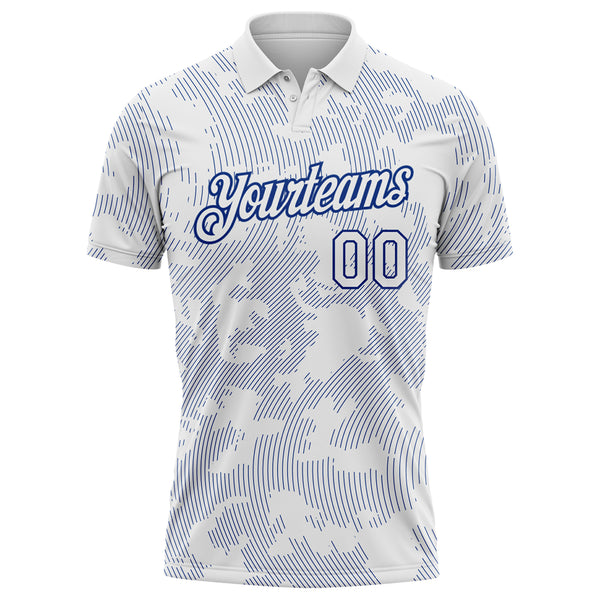 Custom White-Royal 3D Pattern Abstract Fluid Line Performance Polo Shirt
