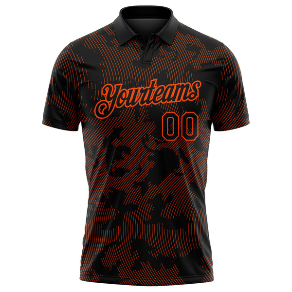 Custom Black-Orange 3D Pattern Abstract Fluid Line Performance Polo Shirt