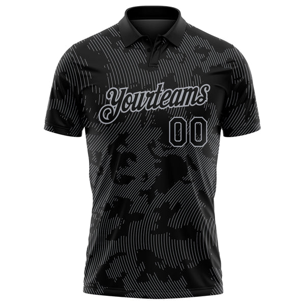 Custom Black-Gray 3D Pattern Abstract Fluid Line Performance Polo Shirt