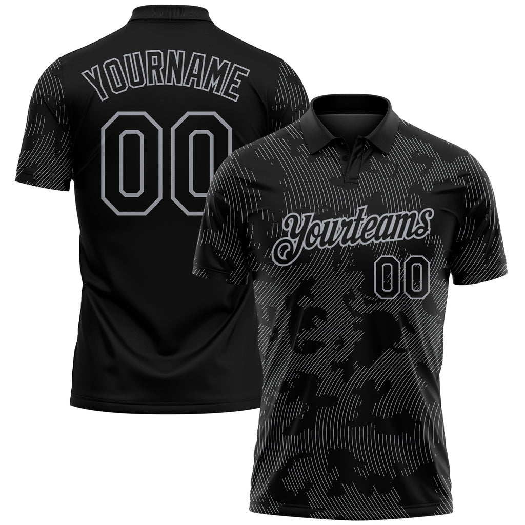 Custom Black-Gray 3D Pattern Abstract Fluid Line Performance Polo Shirt