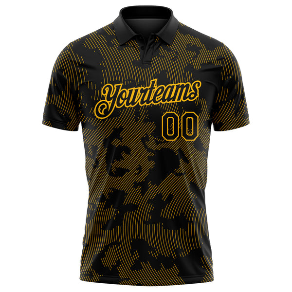 Custom Black-Gold 3D Pattern Abstract Fluid Line Performance Polo Shirt