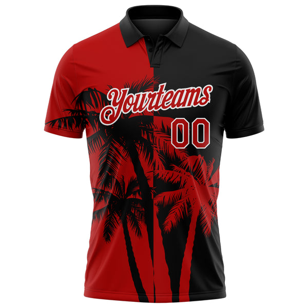 Custom Black Red-White Hawaii Tropical Coastal Palm Trees Performance Polo Shirt