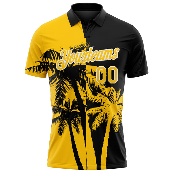 Custom Black Yellow-White Hawaii Tropical Coastal Palm Trees Performance Polo Shirt
