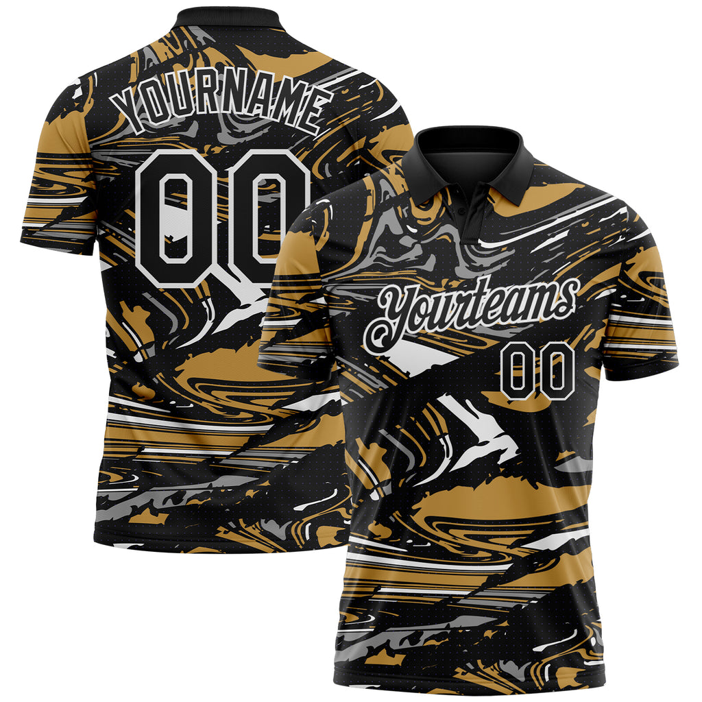 Custom Black Old Gold Gray-White 3D Pattern Abstract Fluid Marble Performance Polo Shirt