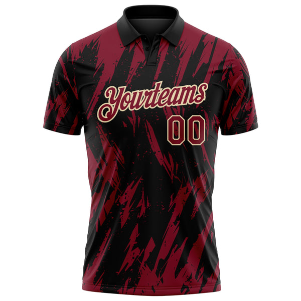 Custom Black Crimson-Cream Torn Sharp Brush Stroke Splatter Performance Polo Shirt