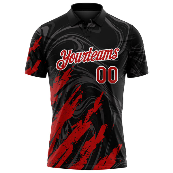 Custom Black Red-White Brush Stroke Splatter Liquid Swirl Performance Polo Shirt