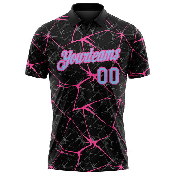 Custom Black Light Blue-Pink 3D Pattern Abstract Network Crackle Performance Polo Shirt