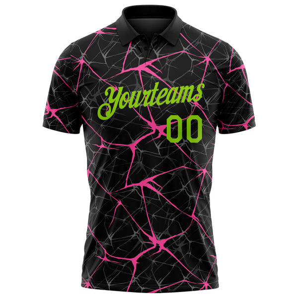 Custom Black Neon Green-Pink 3D Pattern Abstract Network Crackle Performance Polo Shirt