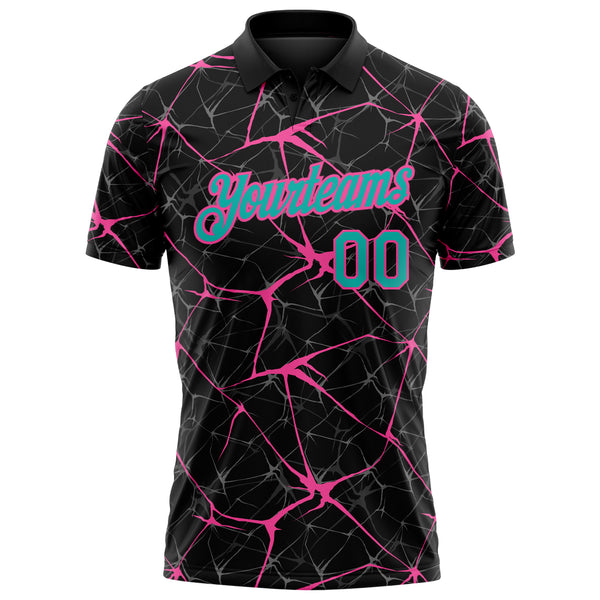 Custom Black Aqua-Pink 3D Pattern Abstract Network Crackle Performance Polo Shirt