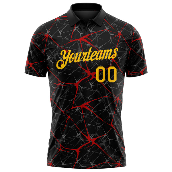 Custom Black Yellow-Red 3D Pattern Abstract Network Crackle Performance Polo Shirt