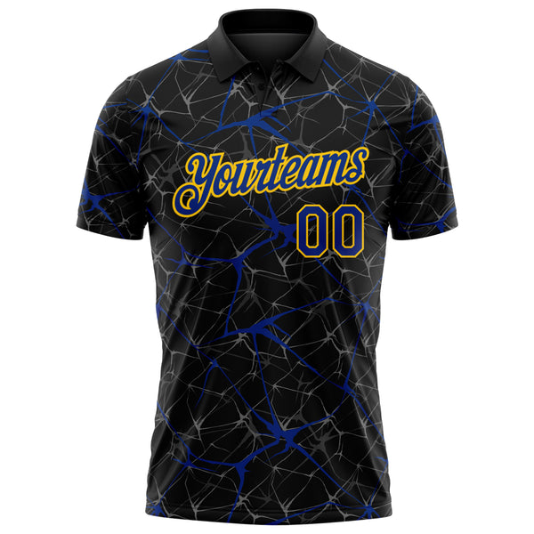Custom Black Royal-Yellow 3D Pattern Abstract Network Crackle Performance Polo Shirt