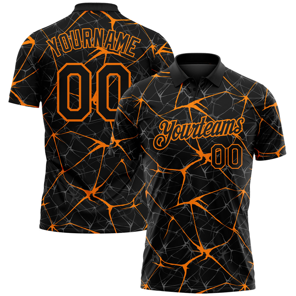 Custom Black-Bay Orange 3D Pattern Abstract Network Crackle Performance Polo Shirt