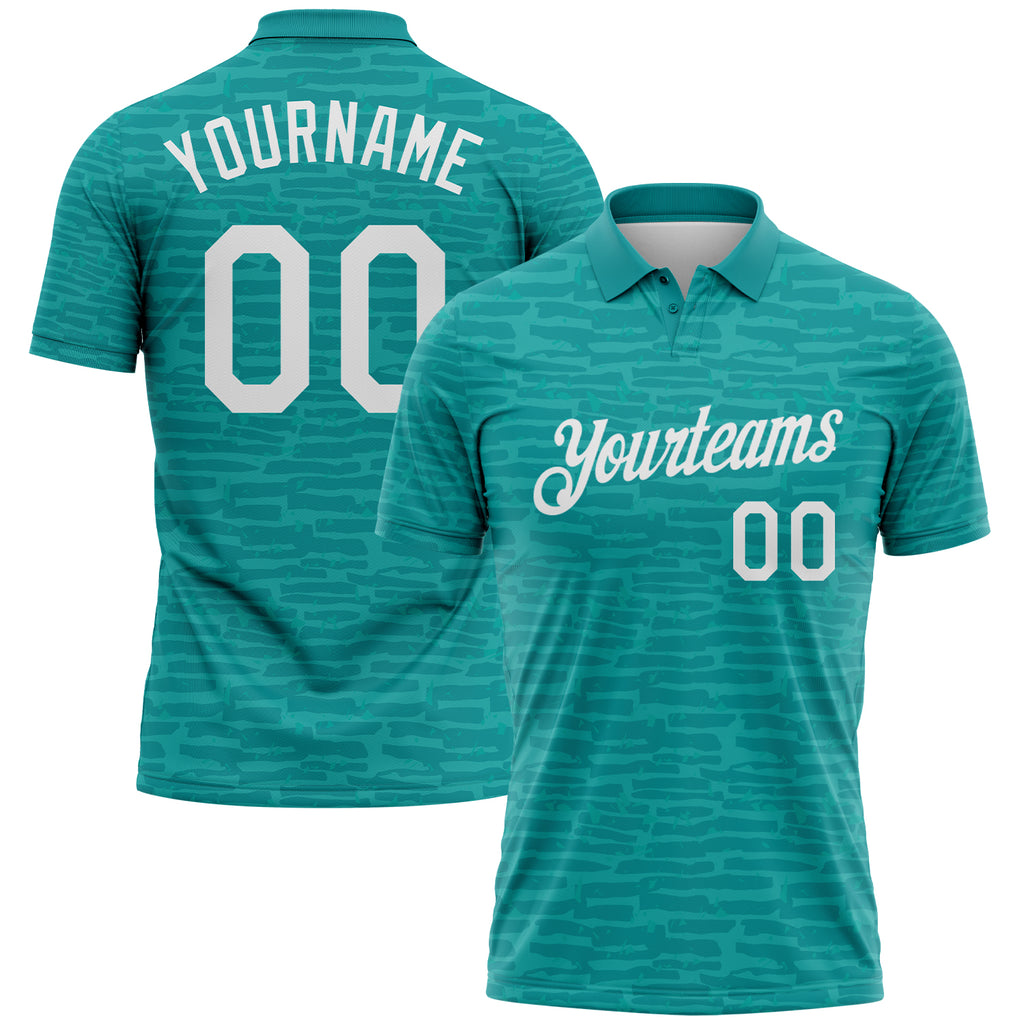 Custom Teal-White Distressed Fragment Brush Stroke Performance Polo Shirt