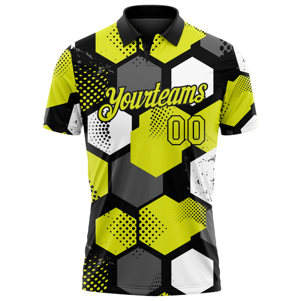 Custom Neon Yellow Black Gray-White Modern Geometric Tech Hexagon Grid Performance Polo Shirt