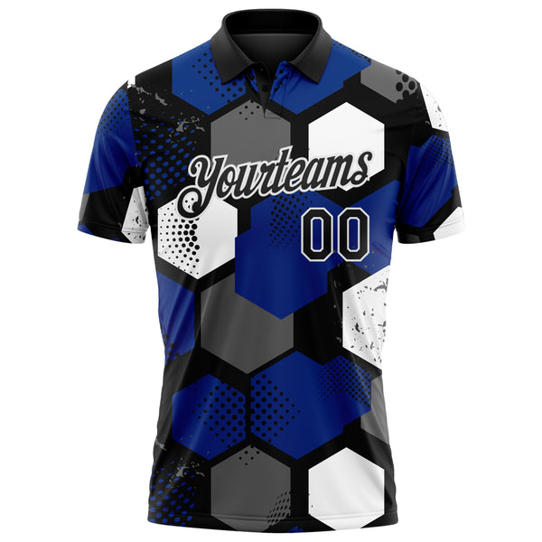 Custom Royal Black Gray-White Modern Geometric Tech Hexagon Grid Performance Polo Shirt