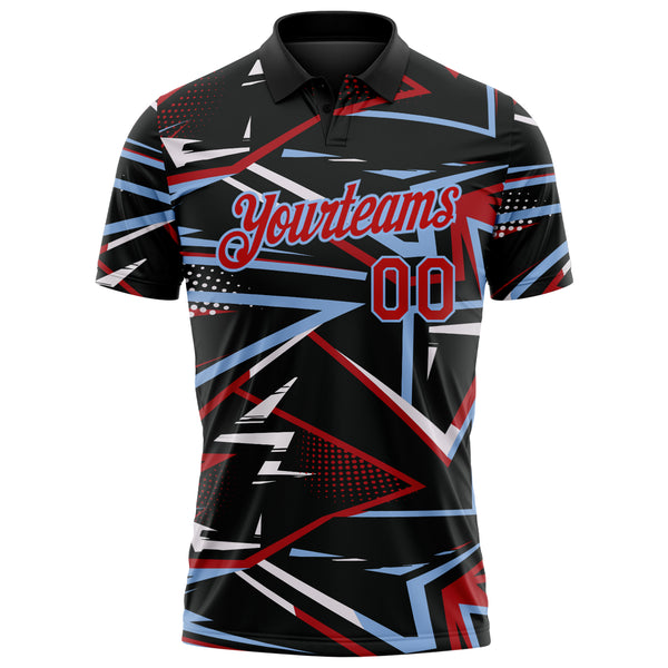 Custom Black Red-Light Blue Dynamic Geometric Shard Performance Polo Shirt