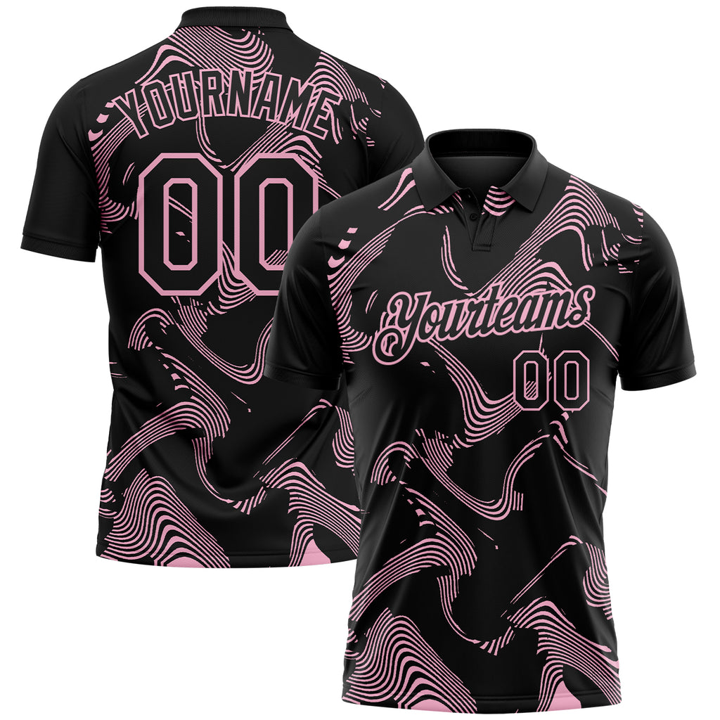 Custom Black-Light Pink 3D Pattern Abstract Fluid Swirl Line Performance Polo Shirt