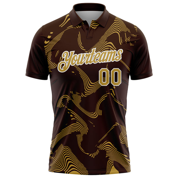 Custom Brown Old Gold-White 3D Pattern Abstract Fluid Swirl Line Performance Polo Shirt