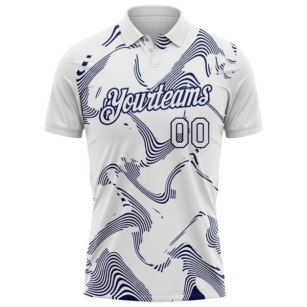 Custom White-Navy 3D Pattern Abstract Fluid Swirl Line Performance Polo Shirt
