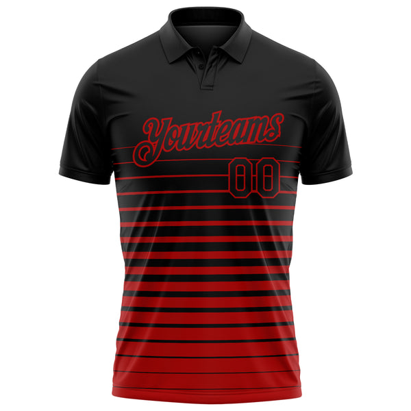 Custom Black-Red Horizontal Gradient Stripe Performance Polo Shirt
