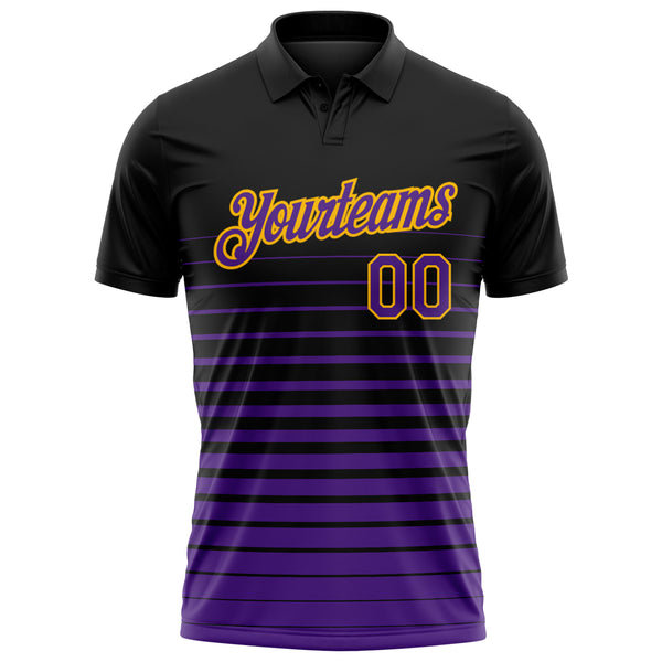 Custom Black Purple-Gold Horizontal Gradient Stripe Performance Polo Shirt