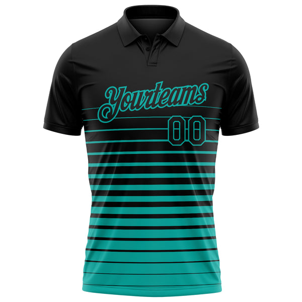 Custom Black-Aqua Horizontal Gradient Stripe Performance Polo Shirt
