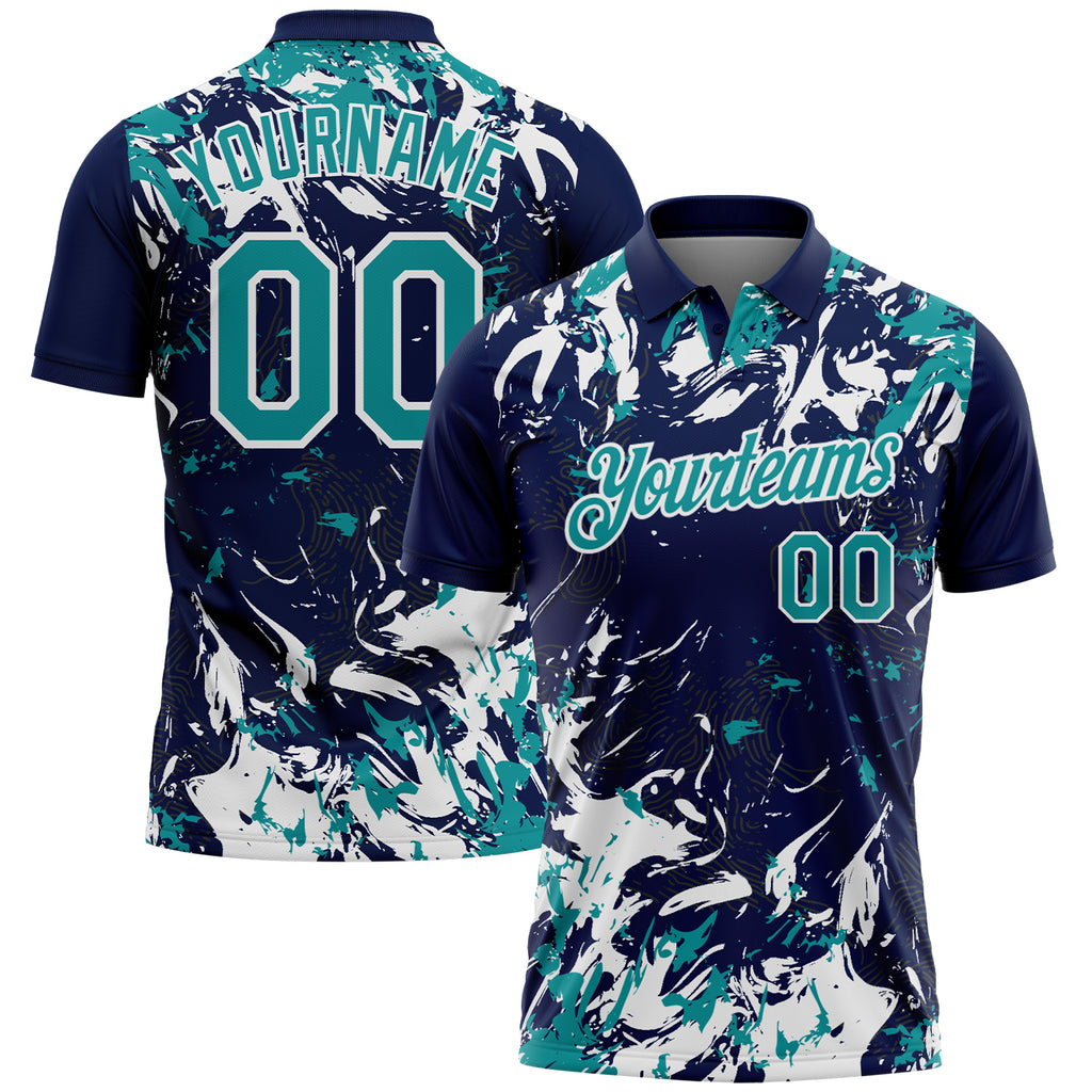Custom Navy Teal-White Dynamic Splatter Brush Stroke Performance Polo Shirt