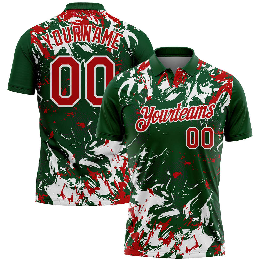 Custom Green Red-White Dynamic Splatter Brush Stroke Performance Polo Shirt
