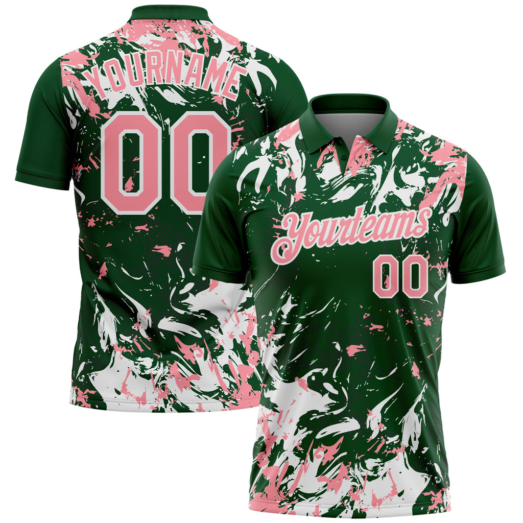 Custom Green Medium Pink-White Dynamic Splatter Brush Stroke Performance Polo Shirt